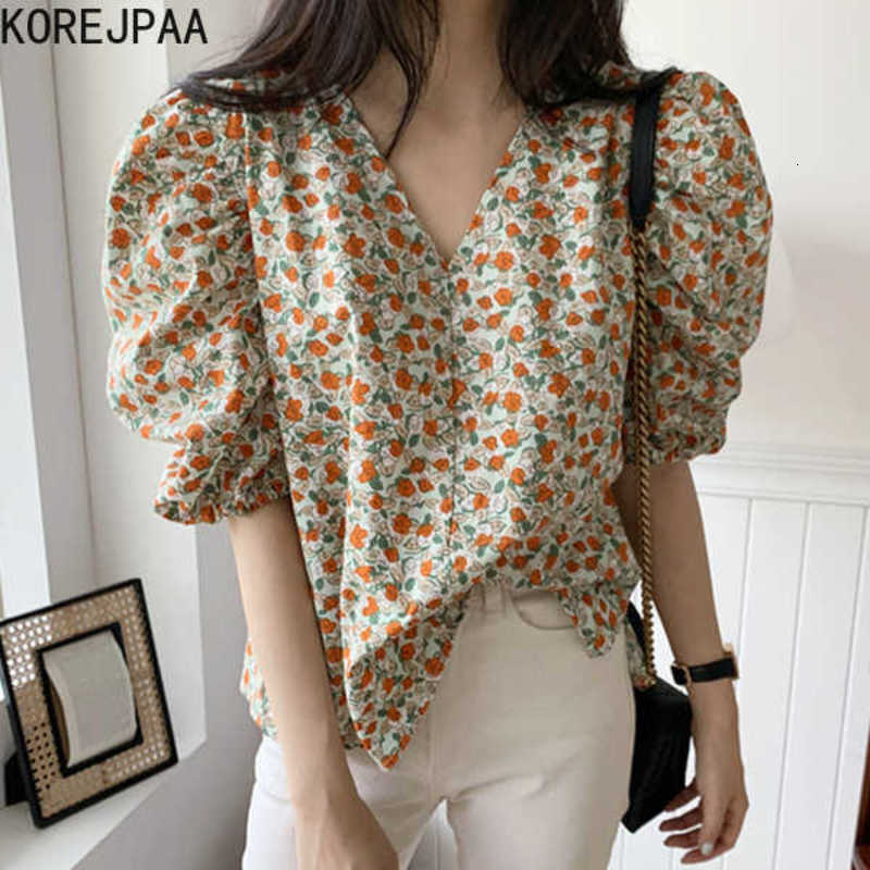 Korejpaa Women Shirt Summer Korea Chic Fresh Sweet Thin V-Neck Loose Casual All-Match Puff Sleeve Full Screen Flower Blouse 210526