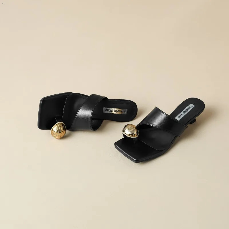 Summer Slippers Fashion Womens Metal Decorative Stiletto Heels Sliding Ladies Outdoor Dress Party Flip-flops Clip Toe Sandals 240614