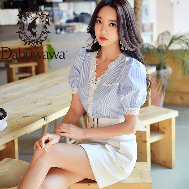 Dabuwawa Sweet V-Neck Appliques Striped Shirts Office Lady Puff Sleeve Womens Workwear Tops and Blouses DT1BST023 210520