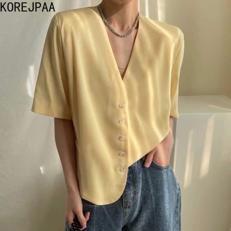 Korejpaa Women Shirt Summer Korean Chic Simple Retro V-Neck Pocket Single-Breasted Casual Solid Color Short-Sleeved Blouses 210526