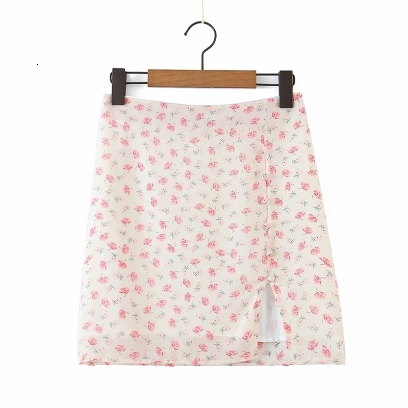 Summer Women Sexy Flower Print Side Half Slit Skirt Female Retro Fashion Button Decoration Buttocks Mini Skirt 210520