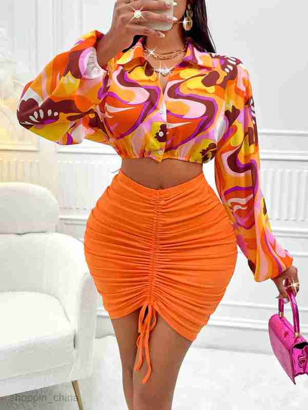 Two Piece Dress Sets Fashionable and Sexy Women's Wear Autumn and Winter New Products Printed waist Long sleeved Shirt Knitted Skirt Set for Wome