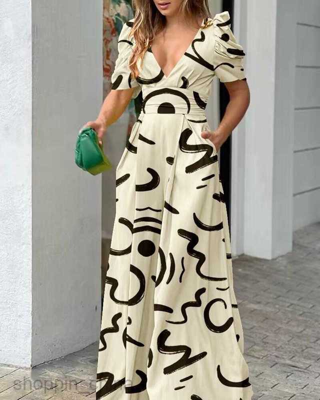 Women's Tracksuits Women's clothing spring/summer new wide leg long pants V-neck short sleeved fashion jumpsuit for women Sets