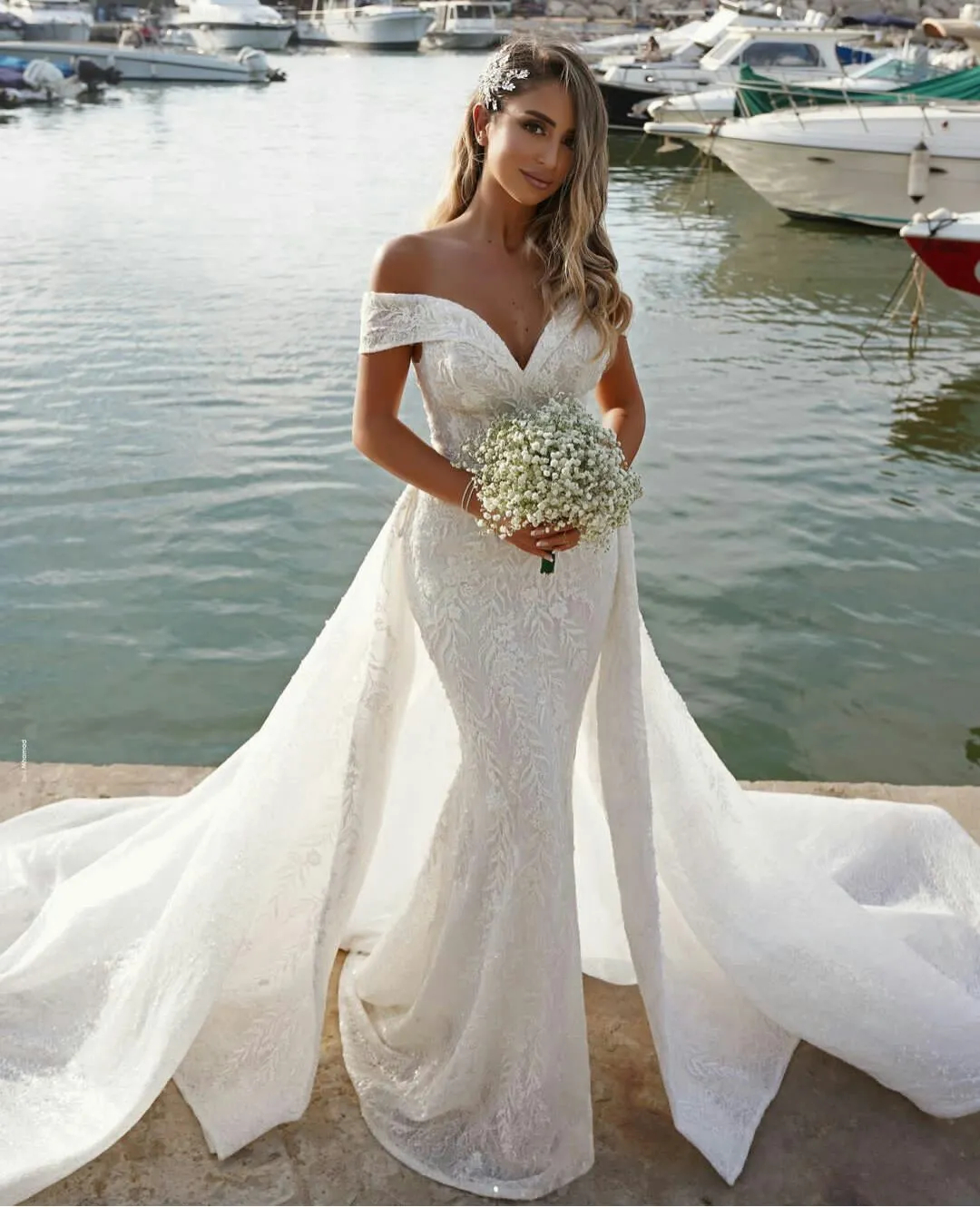 Graceful Lace Mermaid Wedding Dresses With Detachable Train Off The Shoulder Boho Country Long Bridal Gowns 2024 Summer Vestido De Novia V-neck Open B