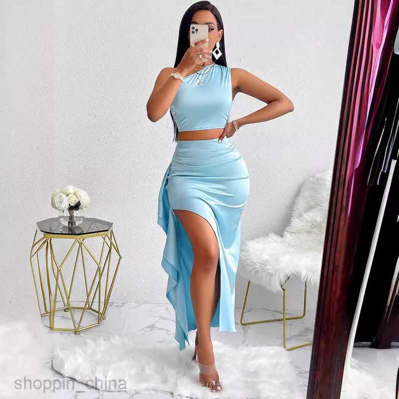 Two Piece Dress Sets Summer New Sexy Style Women's Solid Color One Shoulder Top Ruffle Edge Half skirt Set