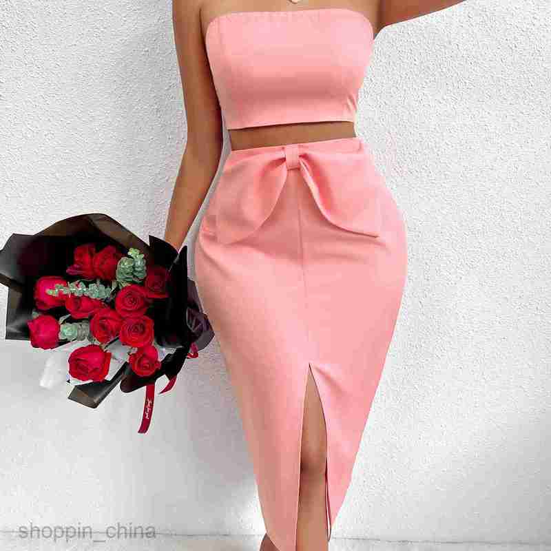 Two Piece Dress Sets New women's summer strapless casual top bow skirt set