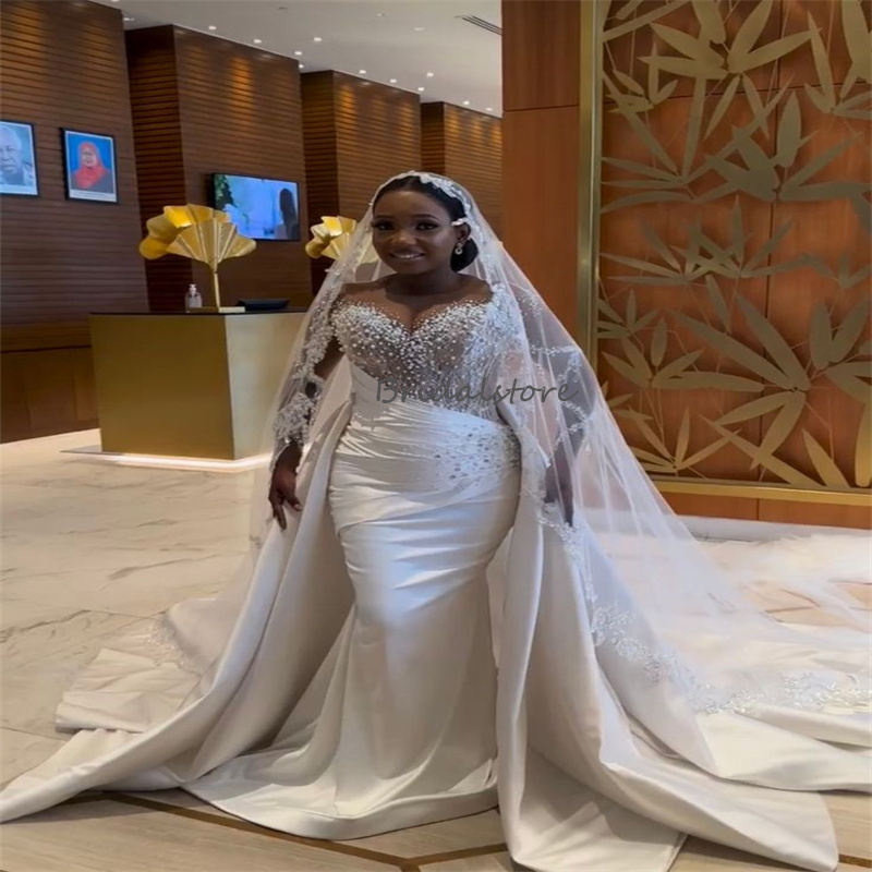 Luxury African Mermaid Wedding Dresses With Detachable Train 2 In 1 Soft Satin Plus Size Black Women Country Bridal Gowns Elegant Church Pearls Bride 