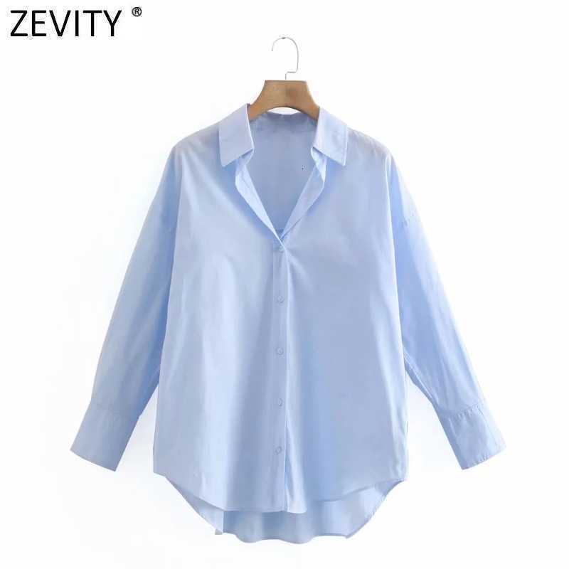 Zevity Women Simply Turn Down Collar Blue Shirts Office Lady Long Sleeve Business Blouse Roupas Chic Chemise Tops LS9373 210603