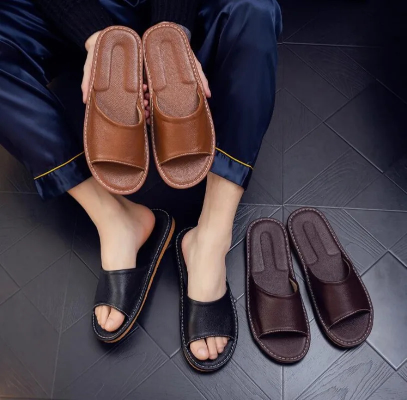 Real Cow Leather Sliding Block Indoor Sliding Block House Summer Open Toe Sandals Mens Casual Sliding Block Shoes 240612