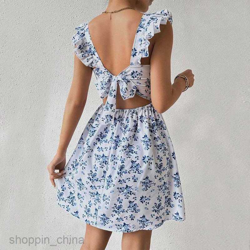 Basic Casual Women Dresses Spring/Summer Sweet Slim Design Large Open Back Lace up Small Flying Sleeves Fragmented Flower Dress