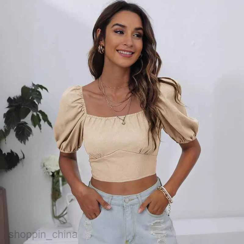 Women's T Shirt Women's Spring/Summer New Square Neck Lantern Sleeves Solid Color Open Back Tie up T-shirt Casual Short Top for Women tees t