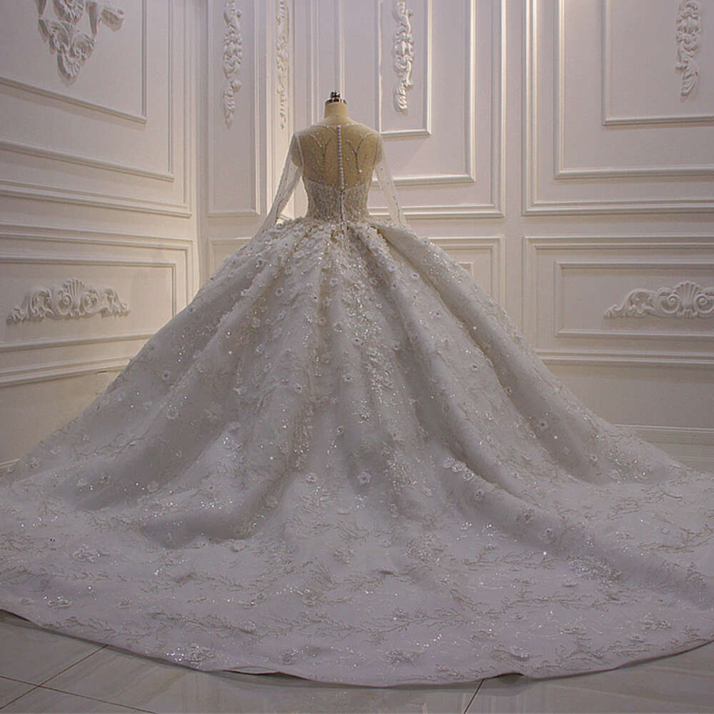 AM552 White Ball Gown Dress Shiny Lace wers O-Neck Full Sleeves special Gowns With Long Train As Photos