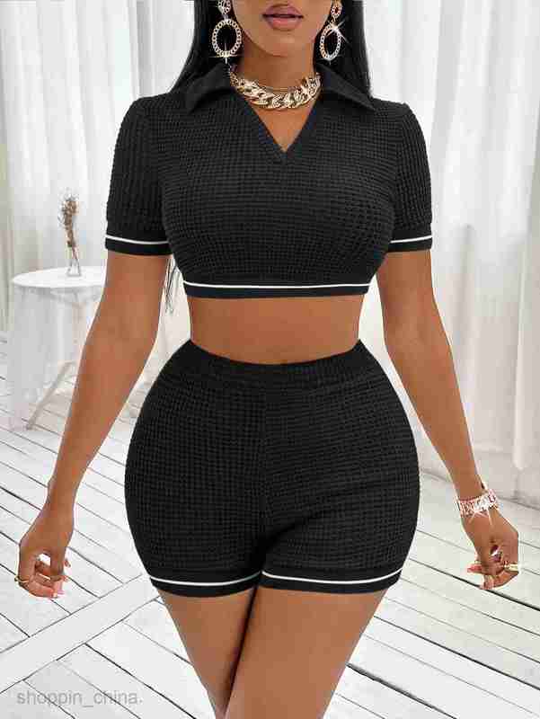 Women's Tracksuits Trendy women's summer lapel splicing ribbed short women's casual set Sets