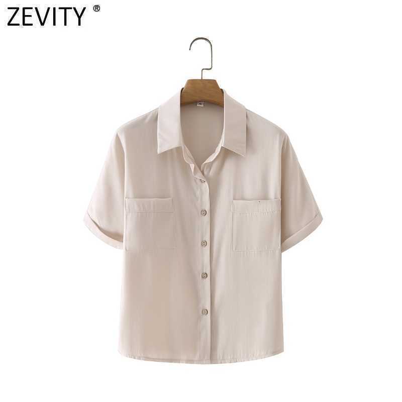 Zevity Women Simply Short Sleeve Solid Pocket Smock Blouse Office Ladies Casual Breasted Business Shirts Chic Blusas Tops LS9330 210603