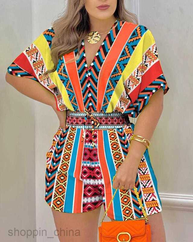 Women's Tracksuits Summer New Women's Short Sleeve V-Neck Lace Up jumpsuit Sets