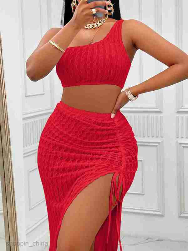Two Piece Dress Sets New Women's Wear Summer Casual Solid Color Slanted Neck Dress Split Set