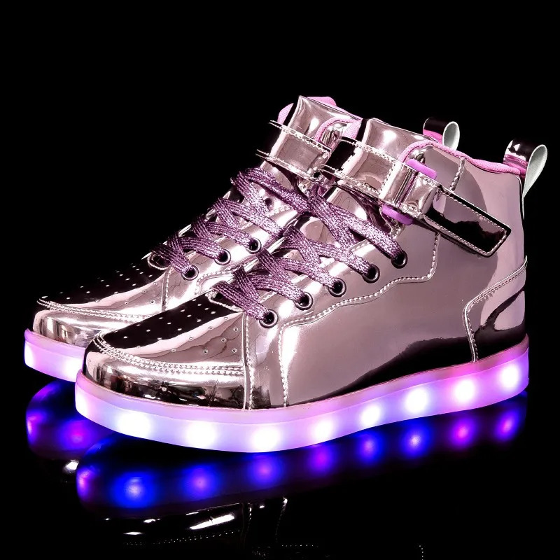 Mens and Womens High Top Board Shoes Childrens Luminous Shoes LED Light Shoes Mirror Leather Panel Shoes Large 25-47 240615