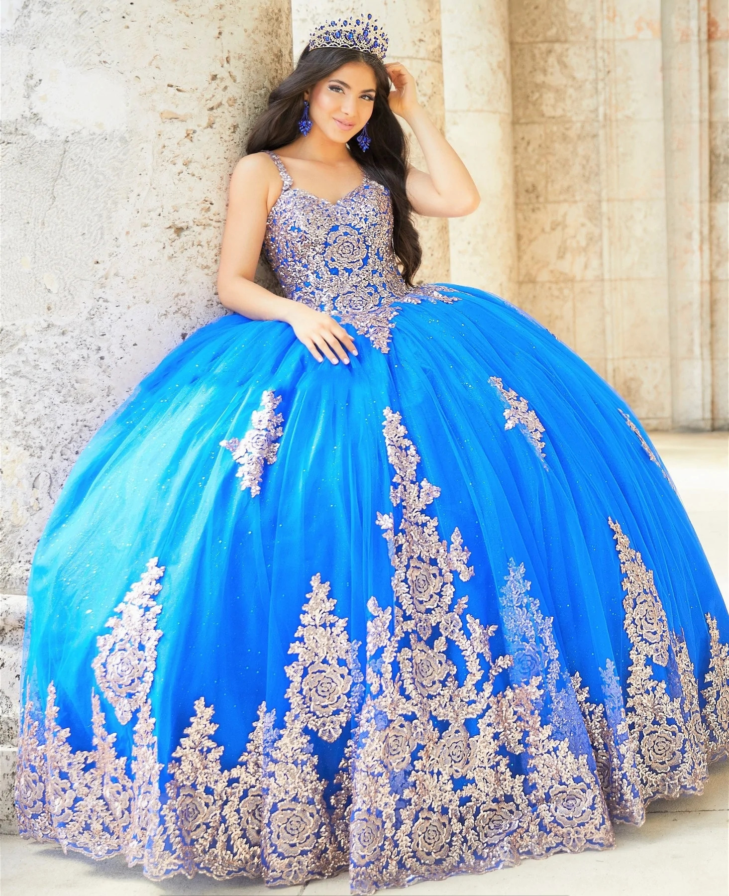 Royal Blue Mexican Quinceanera Dresses Ball Gown Spaghetti Straps Appliques Lace Puffy Charro Sweet 16 Dresses 15 Anos