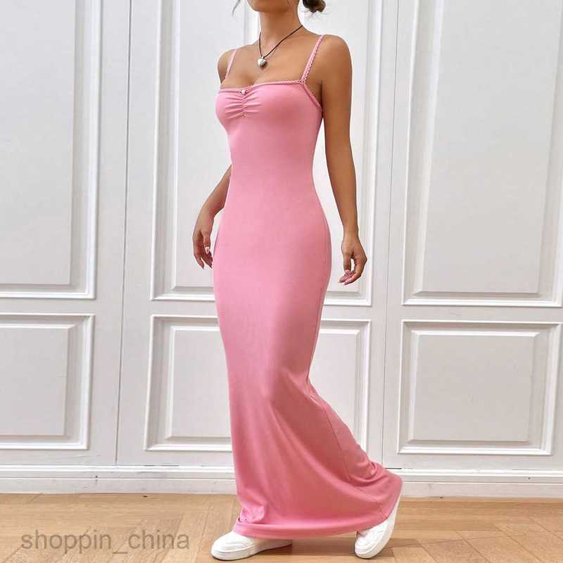 Basic Casual Women Dresses Ins2024 Women's Sexy Y2K Spicy Girl Chest Fold Slim Wrap Hip Strap Long Dress
