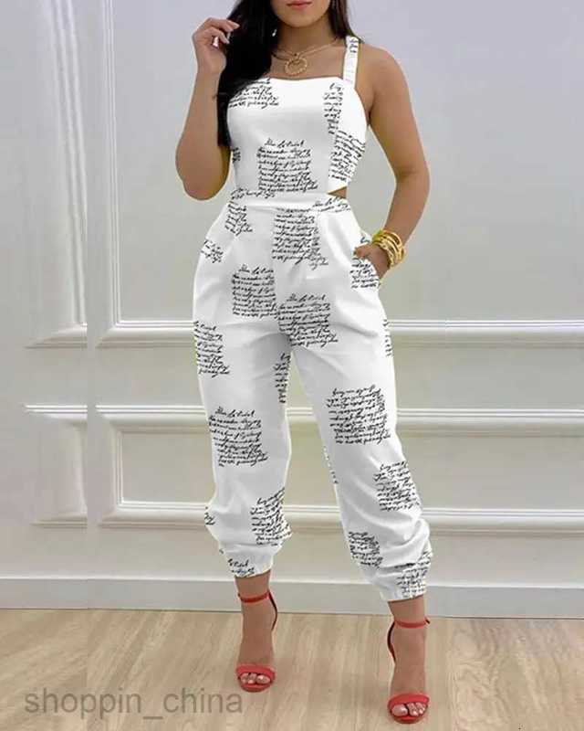 Women's Tracksuits Women's temperament commuting straps printed jumpsuit Sets