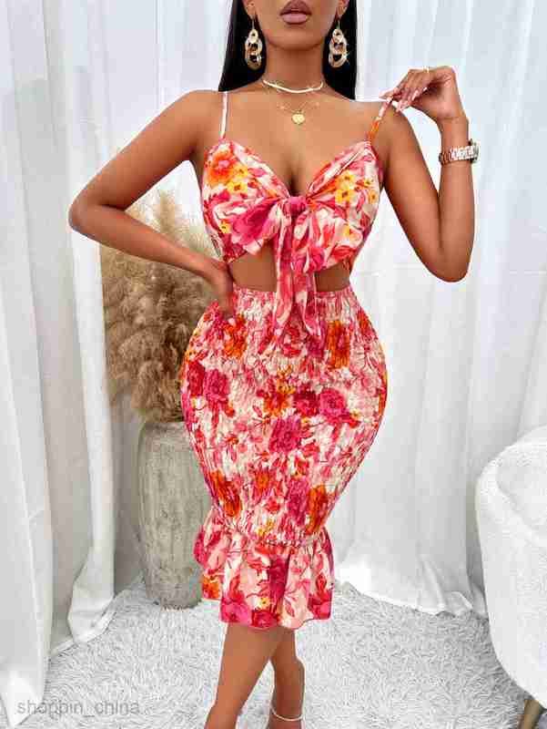 Two Piece Dress Sets Leisure Summer Fashion Women's New Printed Wrapped Hip Brace Hollow Hanging Strap Dress