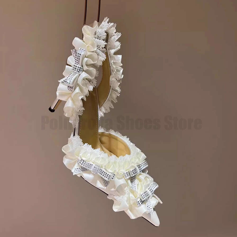 Rhie Bow Pink Satin High Heel Sandals For Women New Pointed Toe Single Sexy Lace Decorative Pumps Ladies Shoes