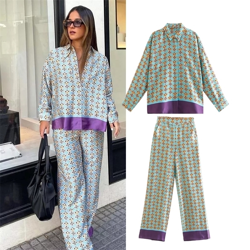 Womens Two Piece Pants 2 Piece Set Women Pants Suits Retro Printed Elastic Waist Ladies Suits Casual Chic Elegant Suits 2 Piece Set Women 220906