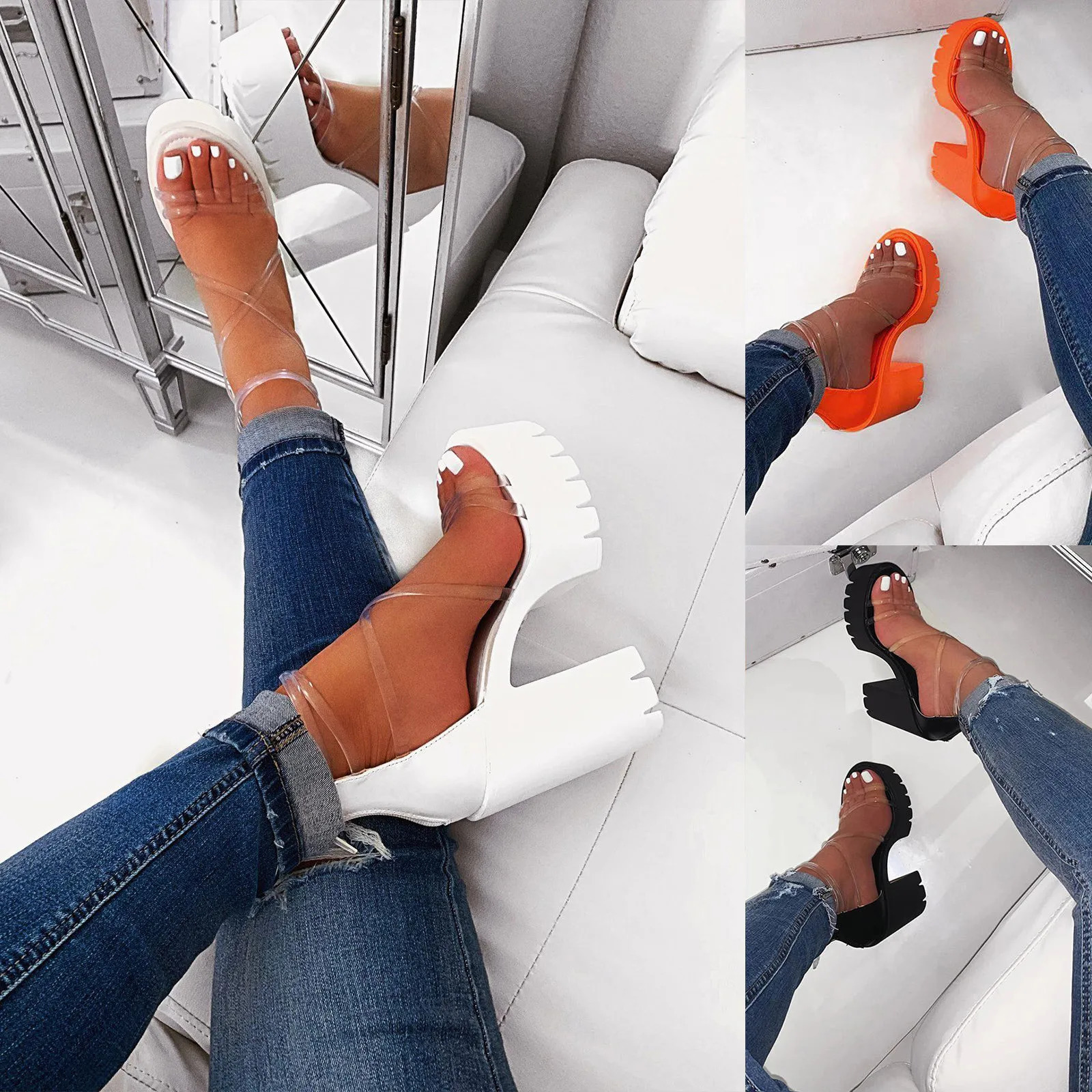 Ladies Summer New Fashion Chunky High Heel Sandals Sexy Transparent Strap High Waterproof Platform Sandals Casual Sandals 250225