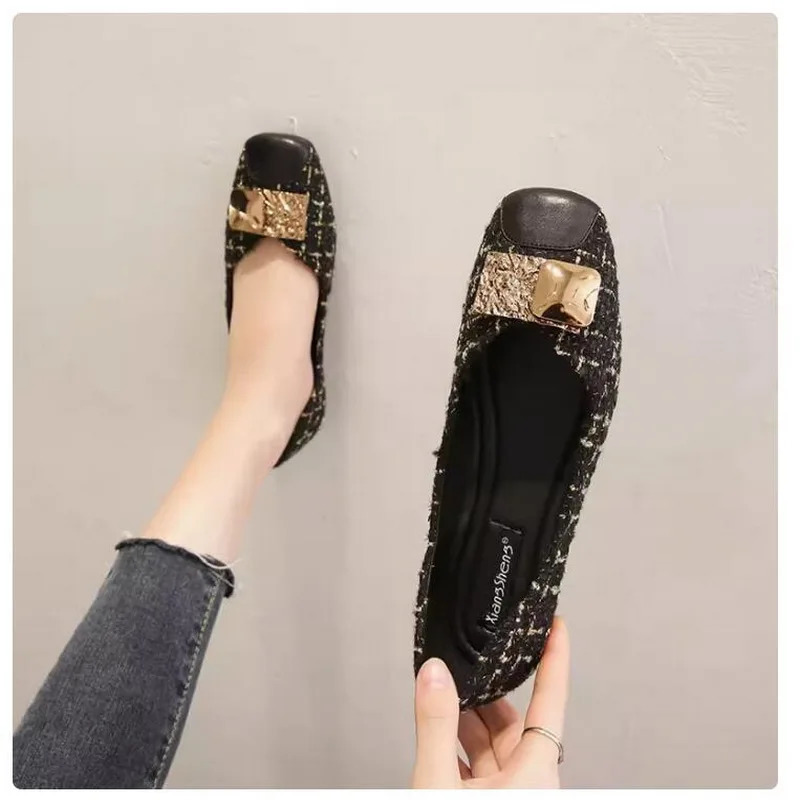 Small perfume Style Single Shoes Womens Flat Shoes 2024 Summer and Autumn Square Soft Sole Bean Shoes Fat Foot Wide Size 41-45 240614