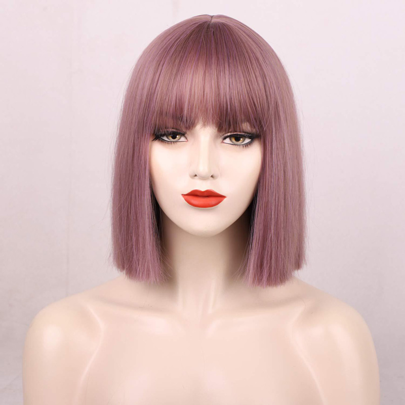 Synthetic Mechanism Bob Wig 12inch Silky Straight Chemical Fiber Wigs Black Pink Blue Color Straight Bang