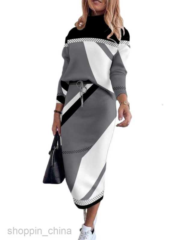 Basic Casual Women Dresses Large size women's autumn and winter new long sleeved two-piece printed set