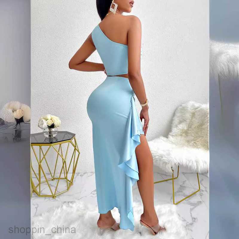 Two Piece Dress Sets Summer New Sexy Style Women's Solid Color One Shoulder Top Ruffle Edge Half skirt Set