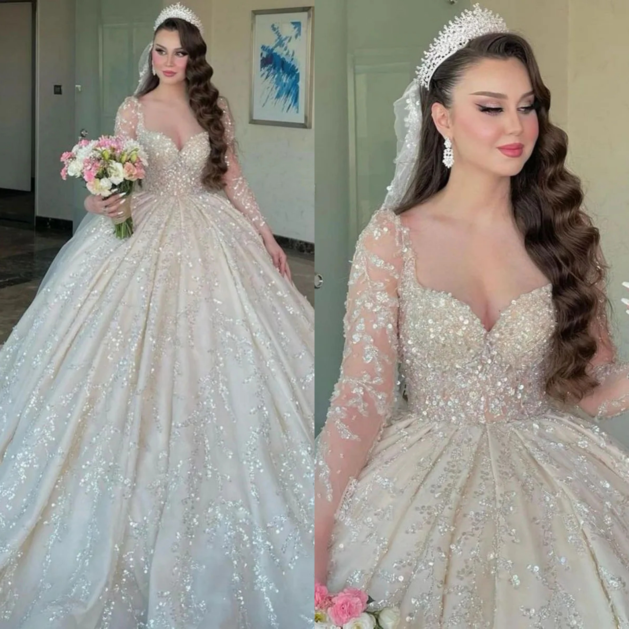 Sparkly Ball Gown Wedding Dress Sweetheart Long Sleeves Bridal Gown Lace Sequins Sweep Train Dresses Custom Made vestidos de novia
