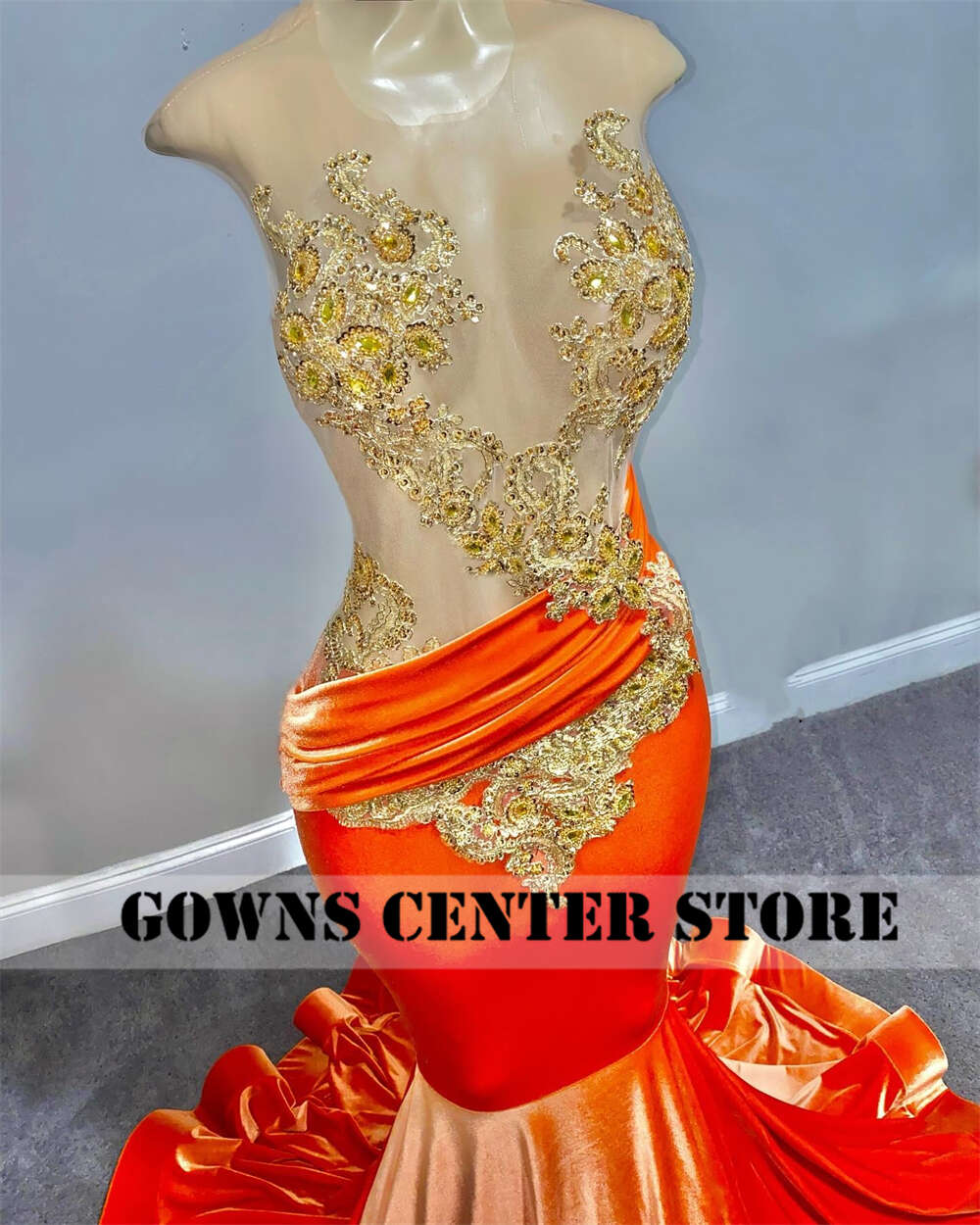 Pretty Orange Veet Gold Appliques Dress 2024 For Black Girls Mermaid New Arrival Evening Party Gowns Custom Made Prom vip