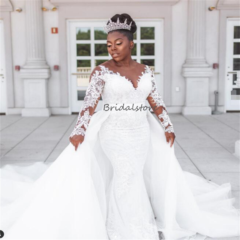 Gorgeous African Mermaid Wedding Dresses With Detachable Train 2 In 1 Plus Size Black Women Country Bridal Gowns Long Sleeve Garden Bride Dress Robe D