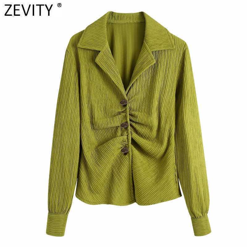 Zevity Women Vintage Pleated Green Blouse Lady Long Sleeve Chic Slim Shirt Femininas Turn Down Collar Casual Blusas Tops LS9216 210603