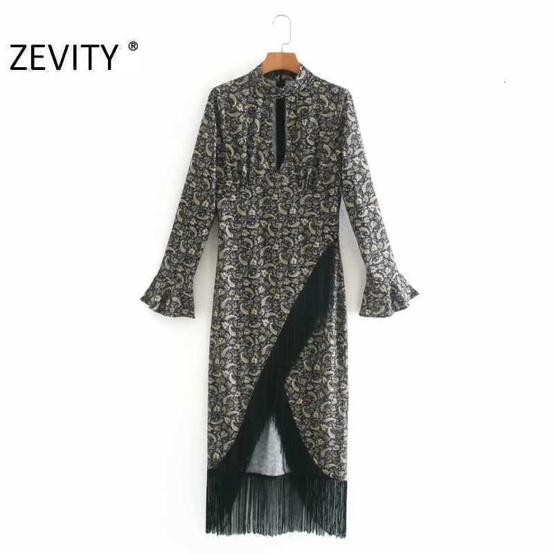 Zevity Autumn Women Vintage Cashew Nuts Print Hem Tassel Asymmetrical Dress Ladies Chic Sexy Hole Slim Party Vestido DS4546 210603