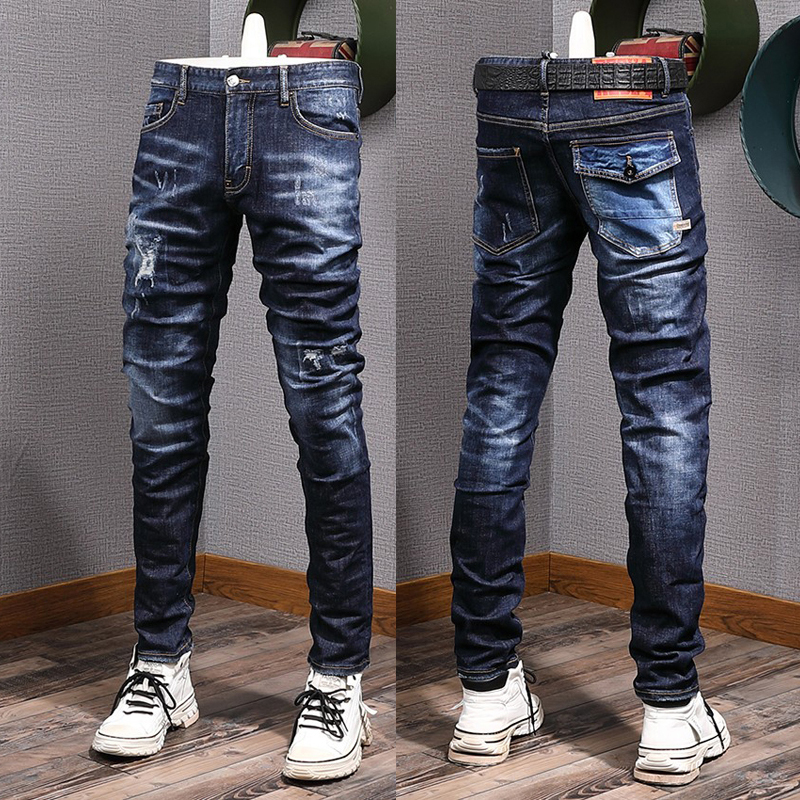 Cool Guy Biker Jeans Bleach Distressed Paint Damaged Slim Fit Cowboy Trousers Men