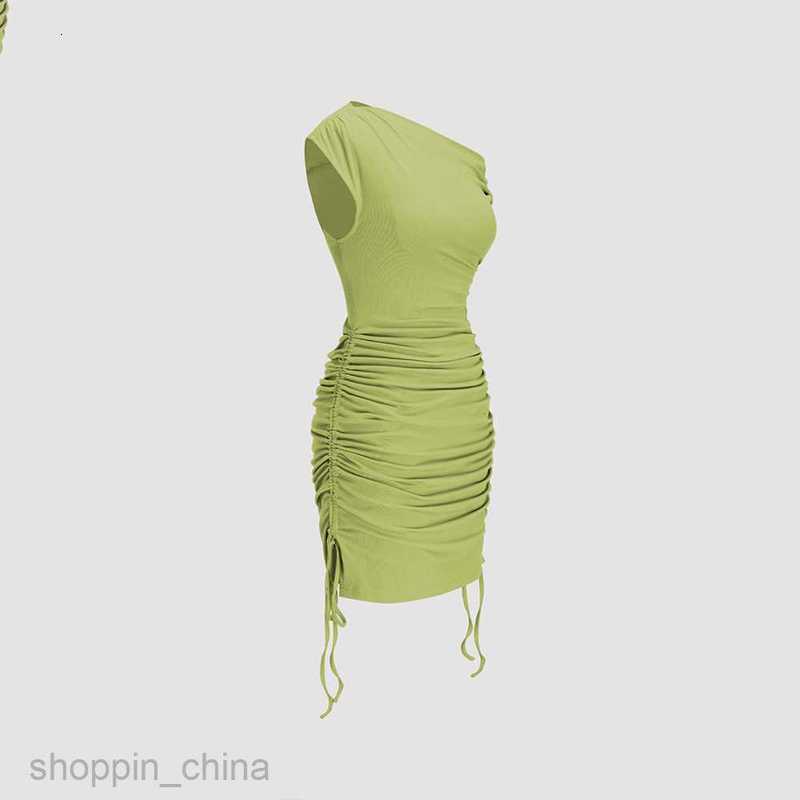 Basic Casual Women Dresses Ins2024 Fashion Knitted Sleeveless Design Feeling Oblique Shoulder Fold Waist Covering Meat and Hip Covering Short Skirt