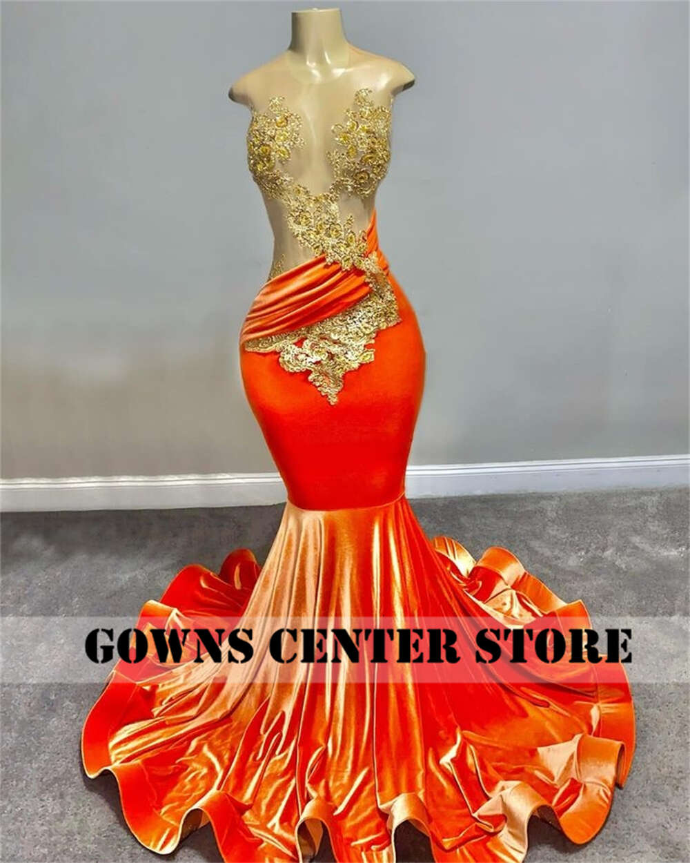 Pretty Orange Veet Gold Appliques Dress 2024 For Black Girls Mermaid New Arrival Evening Party Gowns Custom Made Prom vip
