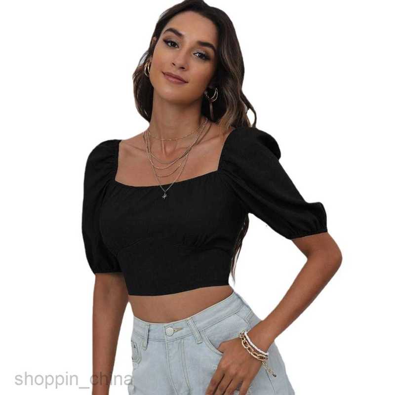 Women's T Shirt Women's Spring/Summer New Square Neck Lantern Sleeves Solid Color Open Back Tie up T-shirt Casual Short Top for Women tees t