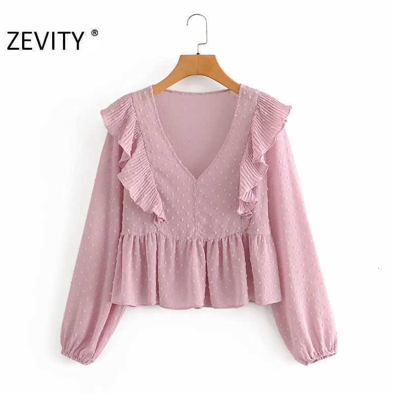 ZEVITY women fashion v neck press pleated ruffles casual smock Shirts Blouse women long sleeve chiffon femininas tops LS7234 210603