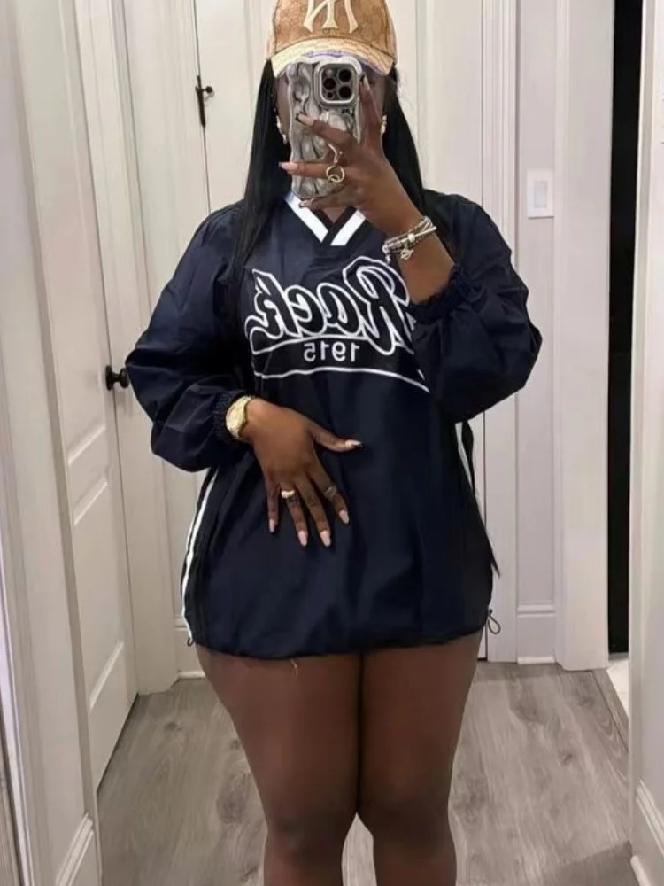 Joskaa Letter Print Oversized Sweatshirt Women Casual V-Neck Long Sleeve Drawstring Loose Tops 2024 Spring Harajuku Streetwear 240604