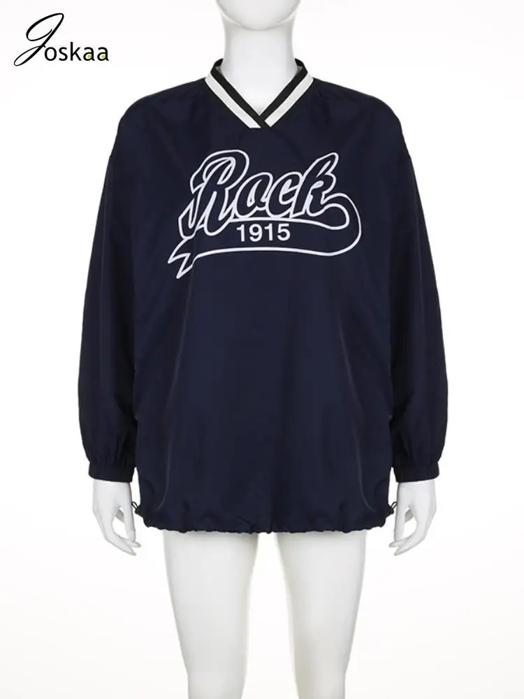Joskaa Letter Print Oversized Sweatshirt Women Casual V-Neck Long Sleeve Drawstring Loose Tops 2024 Spring Harajuku Streetwear 240604