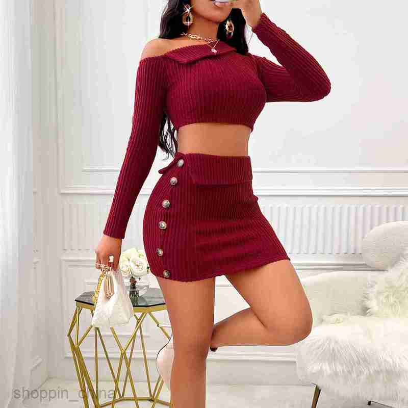 Two Piece Dress Sets Winter Fashion Diagonal Shoulder Knitted Top Short Skirt Set New Solid Color Waist Long Sleeve Set