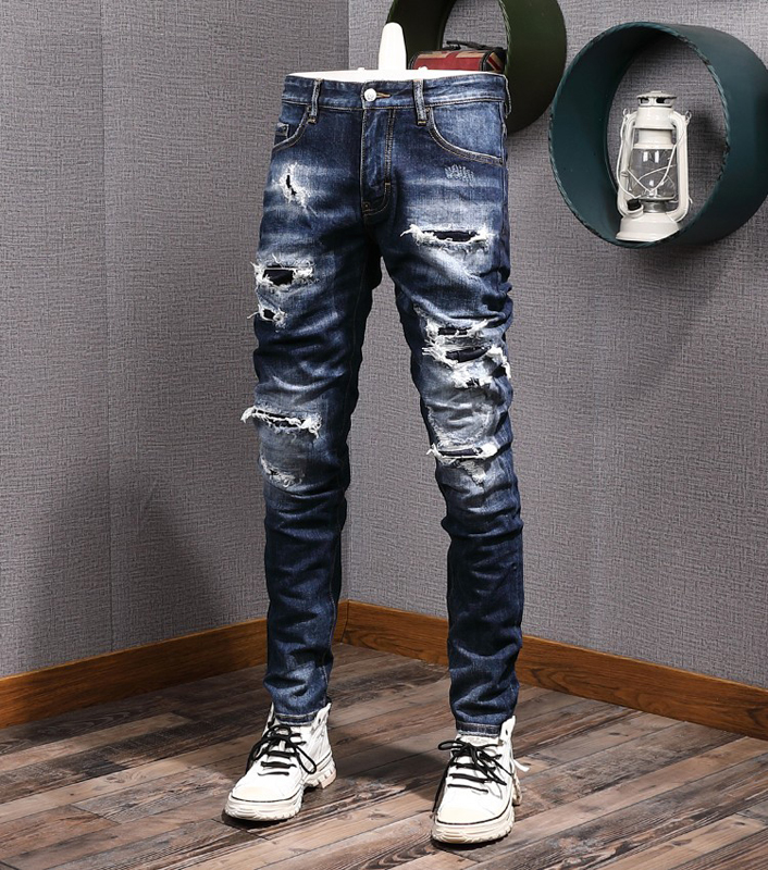 Fade Motocycle Jeans For Man Slim Fit High Street Denim Pants