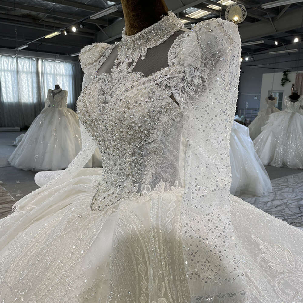 Modern Wedding Dresses Women Organza High Neck Full SleeveWedding Gown For Bride 2022 Sequined Ruched MN107 Vestido De Novia