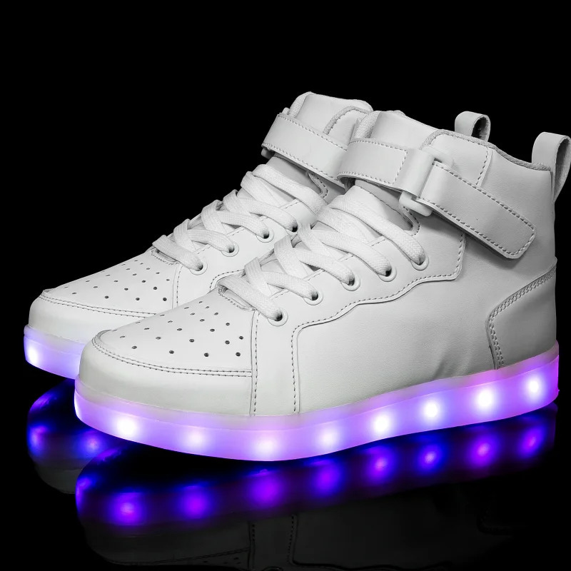 Mens and Womens High Top Board Shoes Childrens Luminous Shoes LED Light Shoes Mirror Leather Panel Shoes Large 25-47 240615