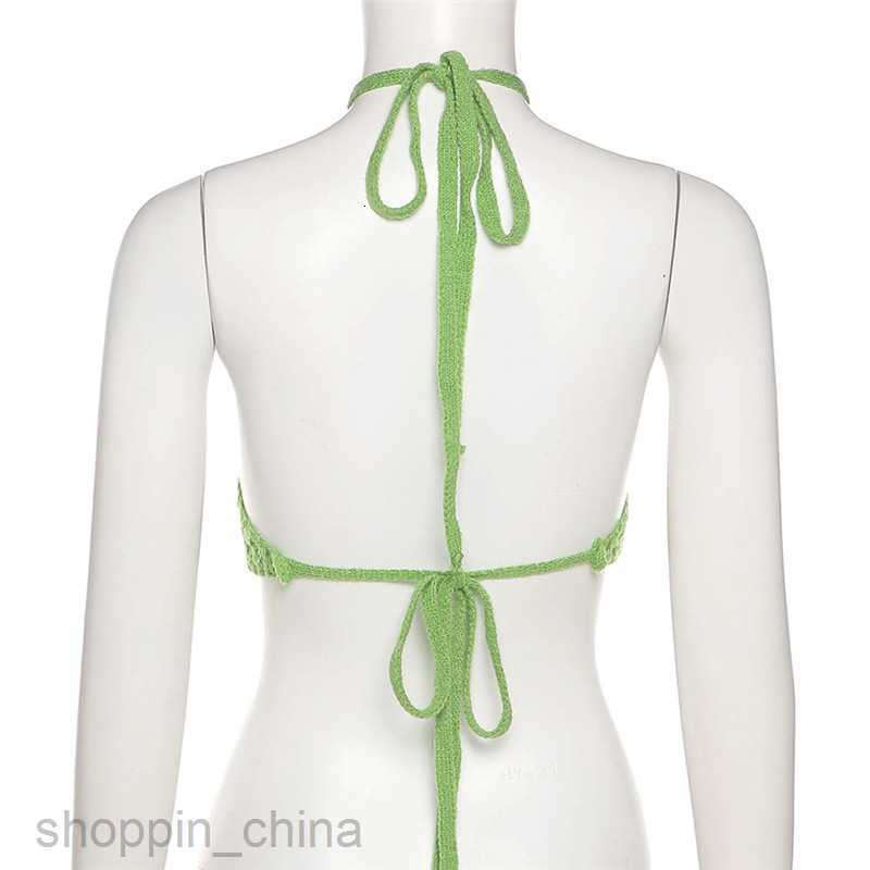 Women's T Shirt Sisjuly Fresh Grass Green Knitted Hollow Neck Hanging Strap Women's Versatile Open Navel Short Tank Top tees