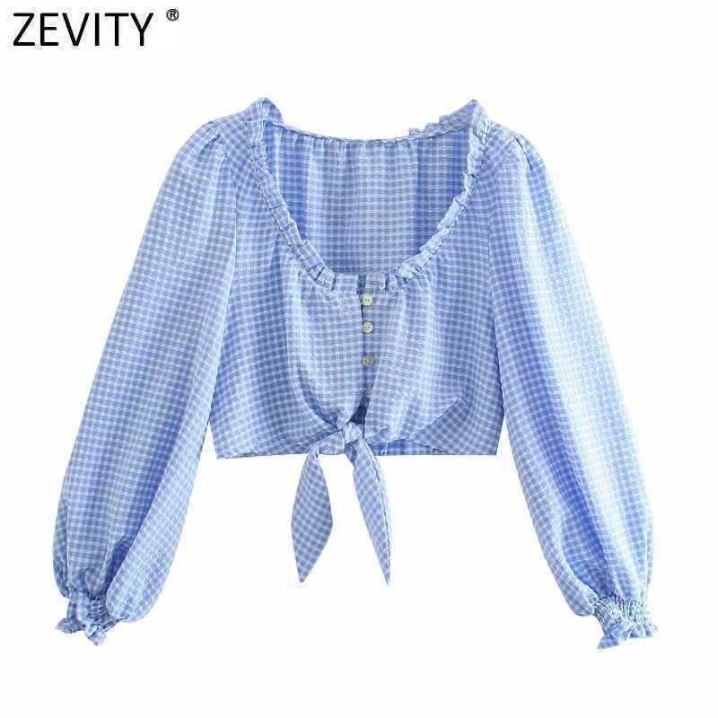 Zevity Women Sweet Agaric Lace Plaid Print Hem Knotted Short Shirt Female Lantern Sleeve Blouse Roupas Chic Crop Tops LS9345 210603